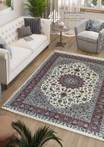 فرش دستباف جفت 6 متری پشم گل ابریشم کرم حاشیه مسی کاشان نقشه معرفتی کد K1855_1856