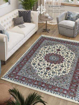 فرش دستباف جفت 6 متری پشم گل ابریشم کرم حاشیه مسی کاشان نقشه معرفتی کد K1855_1856
