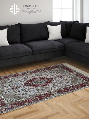 فرش دستباف قالیچه کرک کاشان زمینه ترمه ای حاشیه مسی نقشه تقدیسی کد K2100
