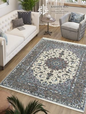 فرش دستباف جفت 9 متری پشم گل ابریشم کرم حاشیه خاکی کاشان نقشه تقدیسی کد K2225_2226