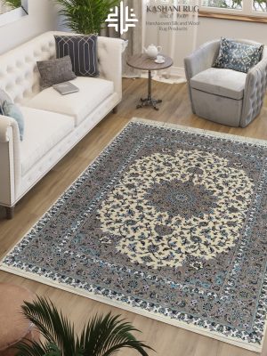 فرش دستباف جفت 6 متری پشم گل ابریشم کرم حاشیه خاکی کاشان نقشه معرفتی کد K2272_2273
