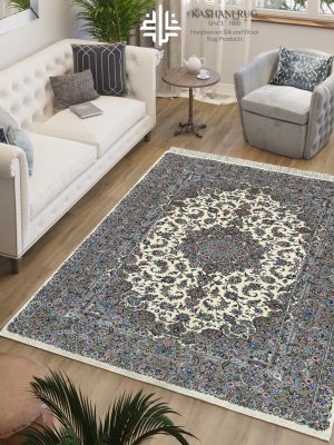 فرش دستباف جفت 9 متری پشم کرم حاشیه خاکی کاشان نقشه تقدیسی کد K2295_2296