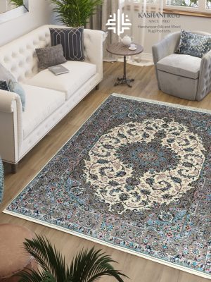 فرش دستباف جفت 6 متری پشم گل ابریشم کرم حاشیه خاکی کاشان نقشه تقدیسی ریسه ای کد K2212_2213