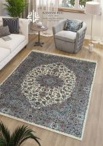 فرش دستباف جفت 6 متری پشم گل ابریشم کرم حاشیه خاکی کاشان نقشه تقدیسی کد K2258_2259