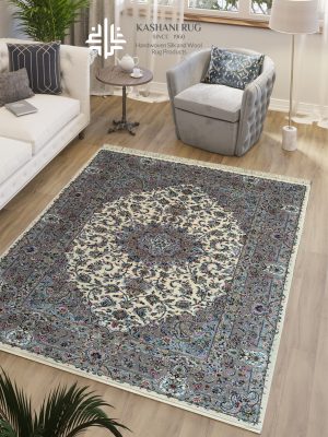 فرش دستباف جفت 6 متری پشم گل ابریشم کرم حاشیه خاکی کاشان نقشه تقدیسی کد K2258_2259