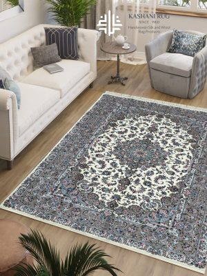 فرش دستباف جفت 9 متری پشم گل ابریشم کرم حاشیه خاکی کاشان نقشه تقدیسی کد K2266_2267